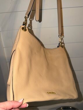 Calvin Klein Pebbled Leather Shoulder Bag in Beige with Gold Hardware